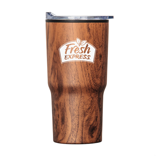 Bexley 20oz tumbler with woodgrain finish, thermoplastic liner, clear lid, and Fresh Express logo printed on front