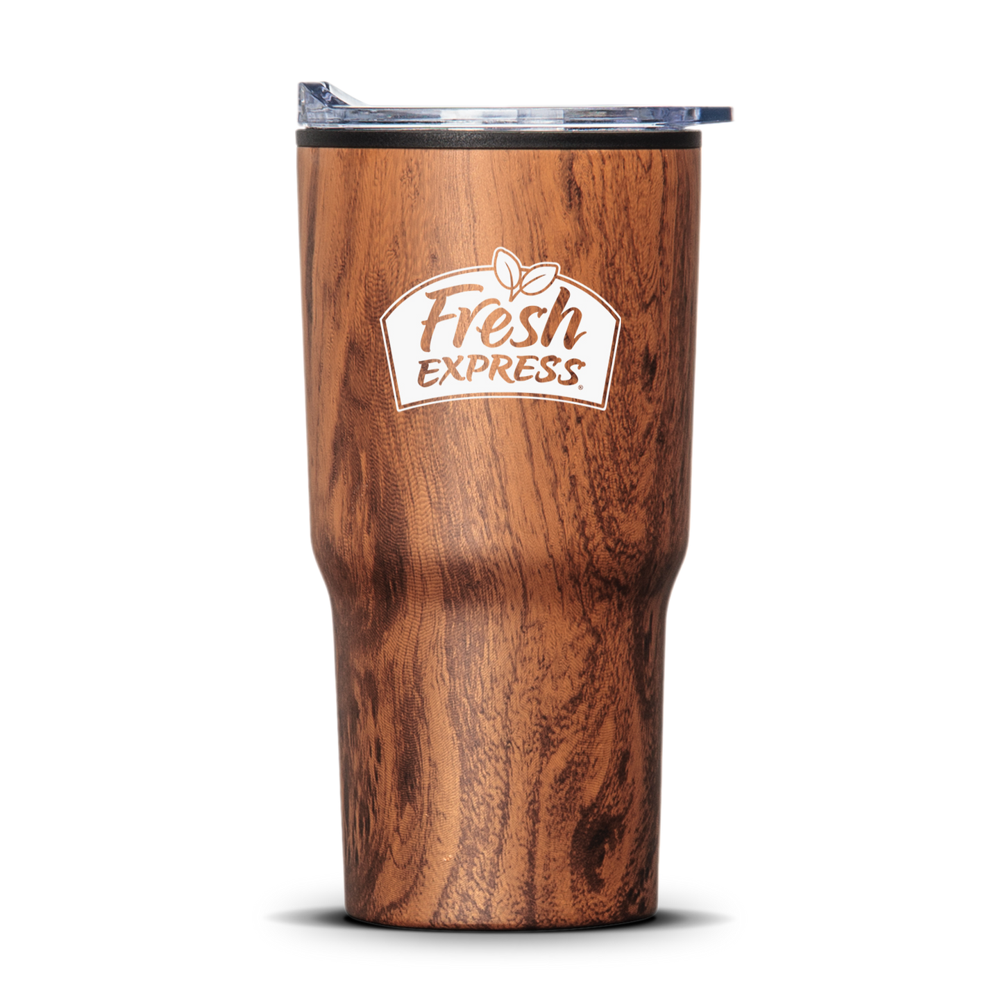 Bexley 20oz woodgrain tumbler with thermoplastic liner and Fresh Express logo, clear lid