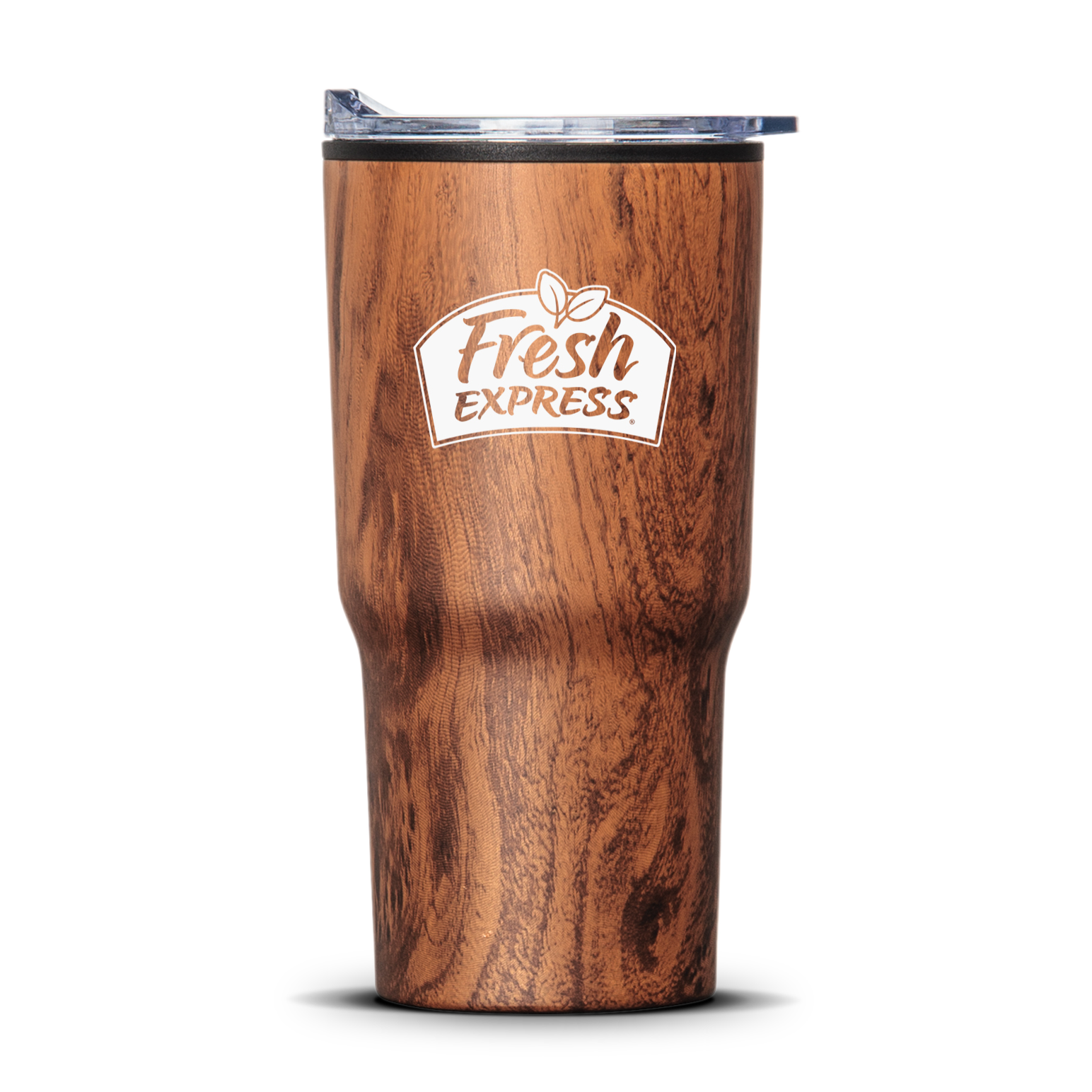 Bexley 20oz woodgrain tumbler with thermoplastic liner and Fresh Express logo, clear lid