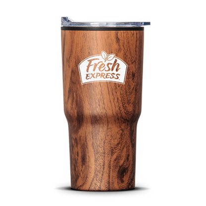 Bexley 20oz woodgrain tumbler with thermoplastic liner and Fresh Express logo, clear lid