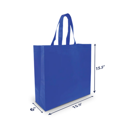 Blue heavy-duty non-woven shopping bag with long handles, 15.5 inches wide, 6 inches deep, 15.5 inches high, reusable and durable design