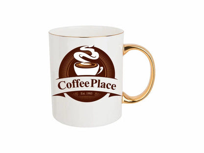 Bone china mug with gold handle and rim, featuring Coffee Place logo with steaming coffee cup and established date, full colour sublimation print