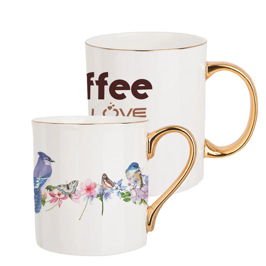 Bone china mug with gold rim and handle, featuring full colour sublimation print of birds, butterflies, flowers, and coffee love text
