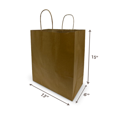 Brown paper bag, celebrity size with dimensions 13 inches wide by 6 inches deep by 15 inches high, featuring twisted handles, 250 pieces per box.