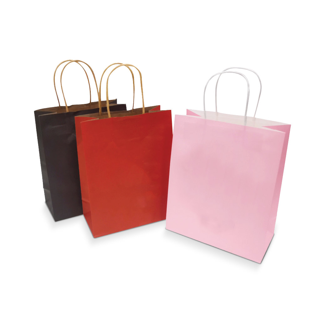Bulk-coloured paper bags, size 8 inches by 4 inches by 10 inches, with twisted paper handles, are shown in black, red, and pink with custom logo imprint, 250 pieces per box.