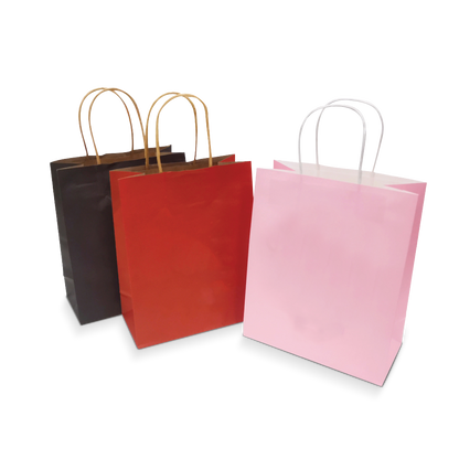 Bulk-coloured paper bags, size 8 inches by 4 inches by 10 inches, with twisted paper handles, are shown in black, red, and pink with custom logo imprint, 250 pieces per box.