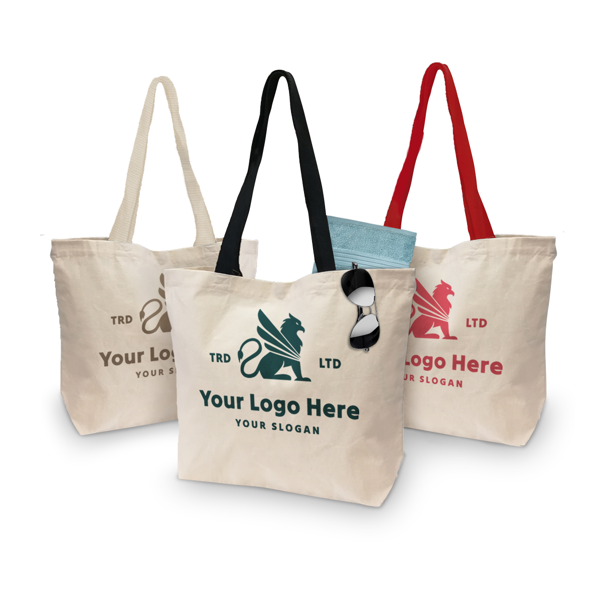 Canvas bags with magnetic closure 18"W x 5"D x 14"H 10oz, featuring custom logo print and assorted handle colors
