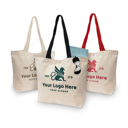 Canvas bags with magnetic closure 18"W x 5"D x 14"H 10oz, featuring custom logo print and assorted handle colors