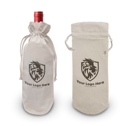 Canvas drawstring bottle bags 5oz 6.5"W x 14.5"H with custom logo print, shown with and without bottle inside