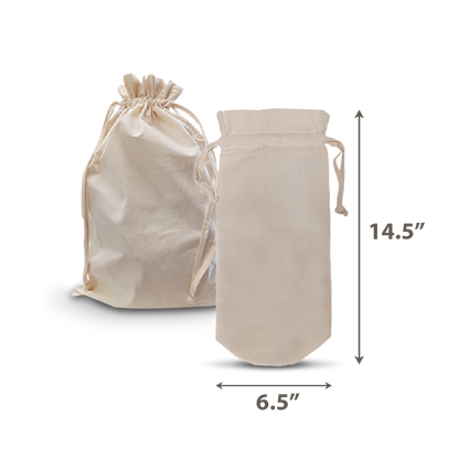 Blank canvas drawstring bottle bags 5oz 6.5"W x 14.5"H, shown front and side view without logo