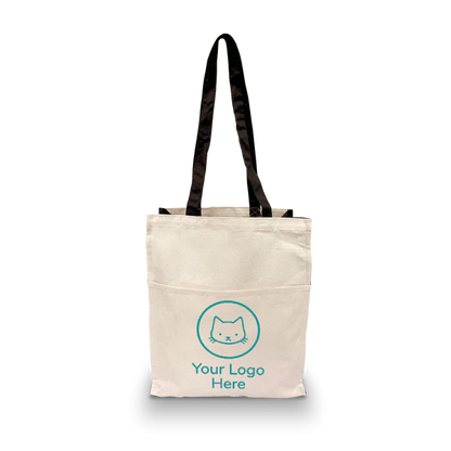 Canvas tote bag 8oz 12"W x 5"D x 14"H with black handles, front pocket, and custom logo print featuring a cat icon