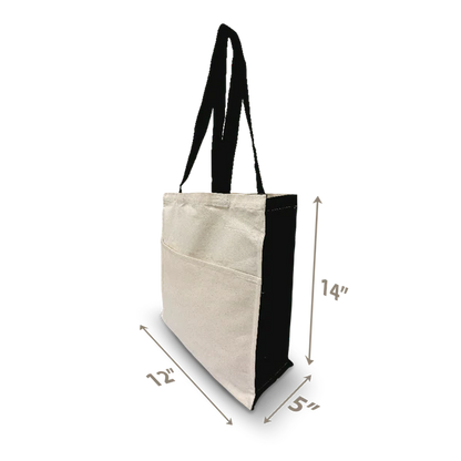 Canvas tote bag 8oz 12"W x 5"D x 14"H with black sides and handles, front pocket, shown from side view with dimensions