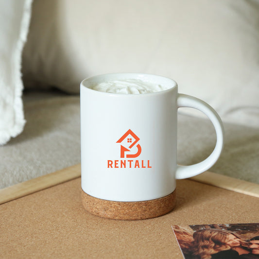 Caspian ceramic cork mug 400 ml in white with cork base and orange RentAll logo printed on the front, ideal for hot beverages