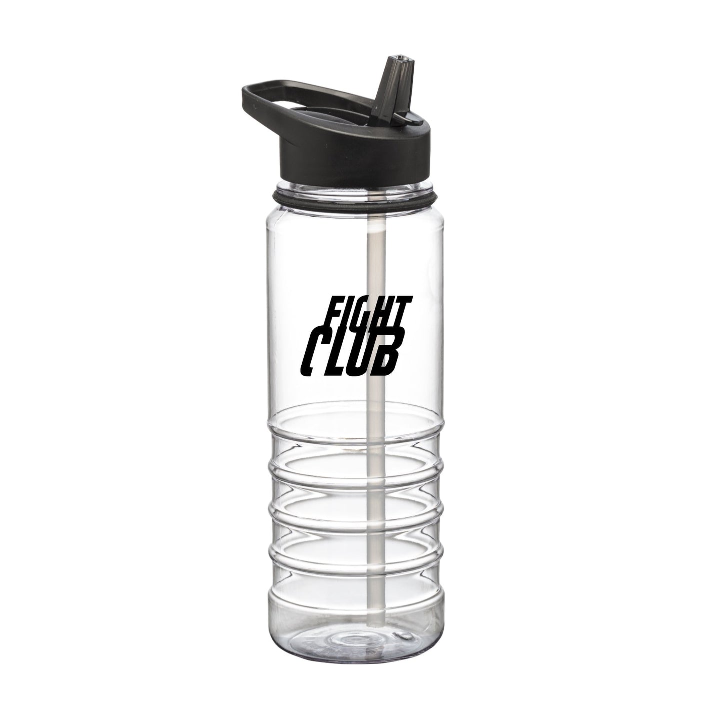 Champion Sports 25oz clear Tritan water bottle with black lid and straw, and printed Fight Club logo in black