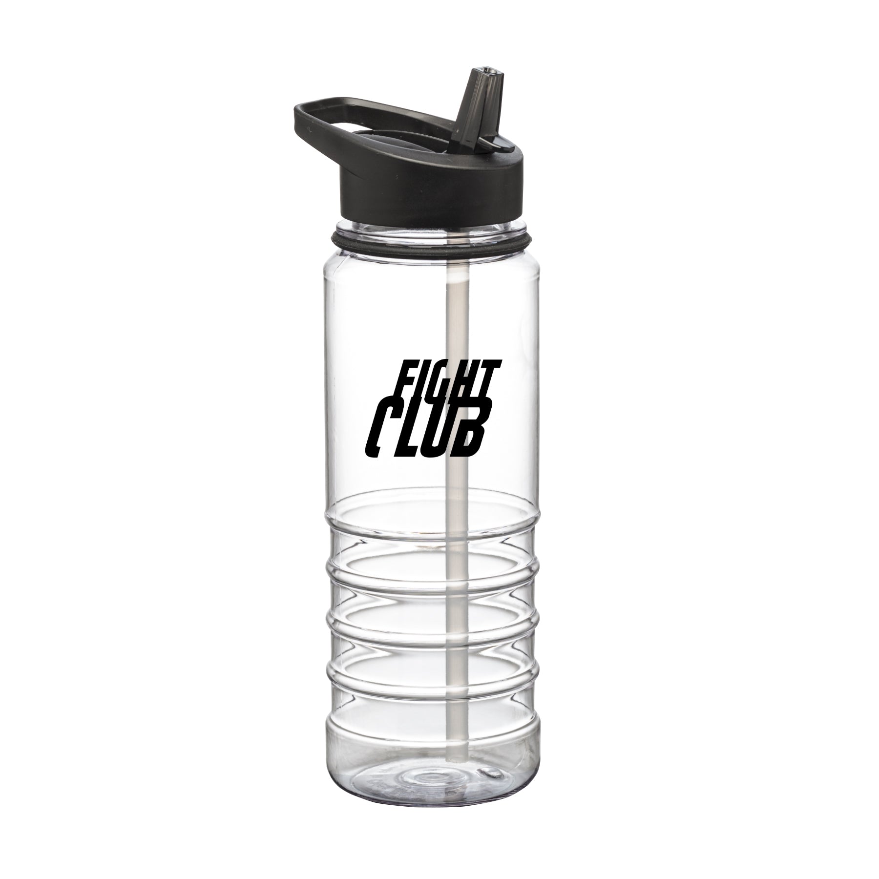 Champion Sports 25oz clear Tritan water bottle with black lid and straw, and printed Fight Club logo in black