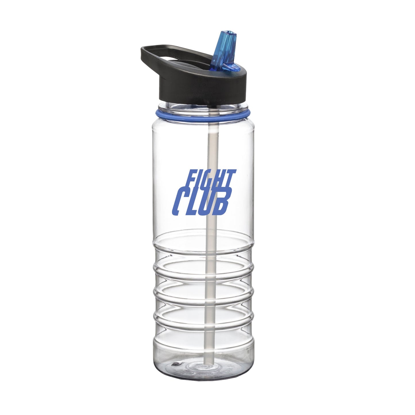 Champion Sports 25oz clear Tritan water bottle with black lid, blue straw and accents, and printed Fight Club logo in blue