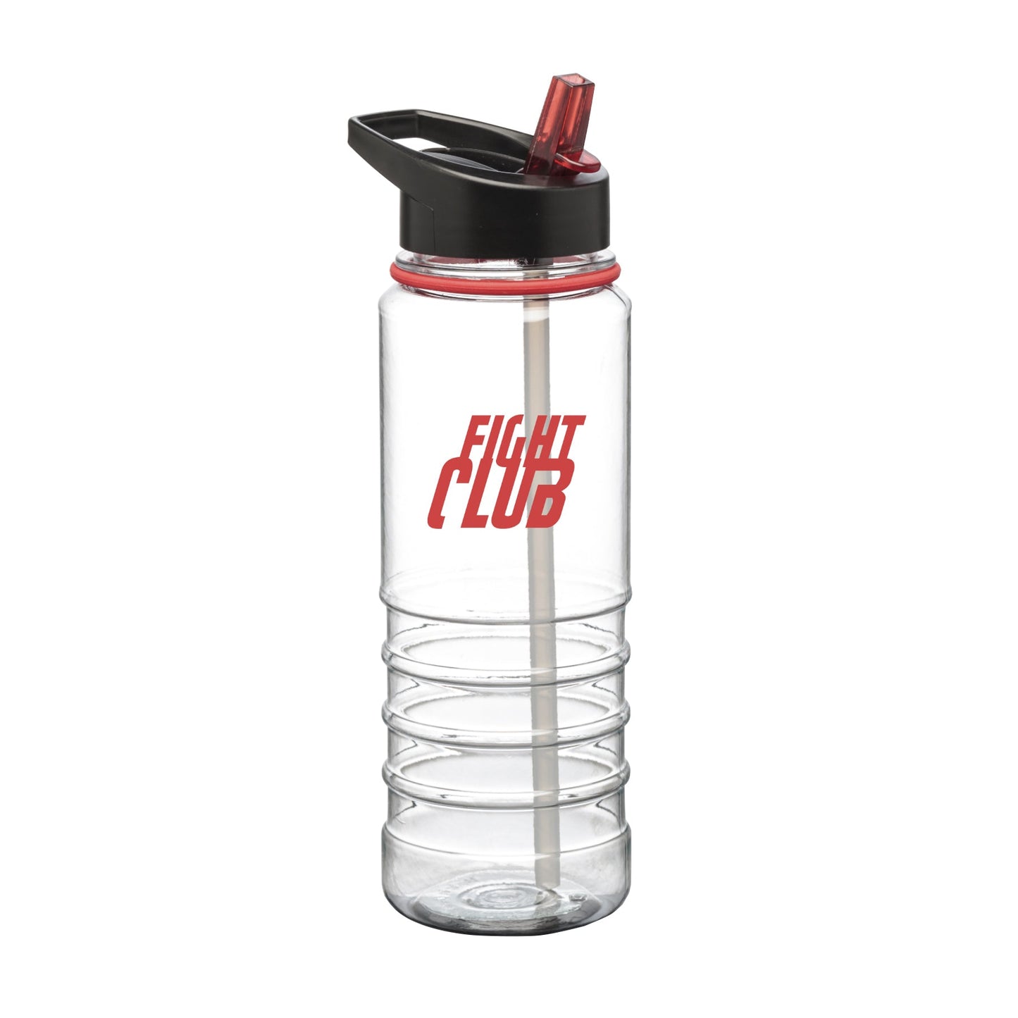 Champion Sports 25oz clear Tritan water bottle with black lid, red straw, and printed Fight Club logo in red