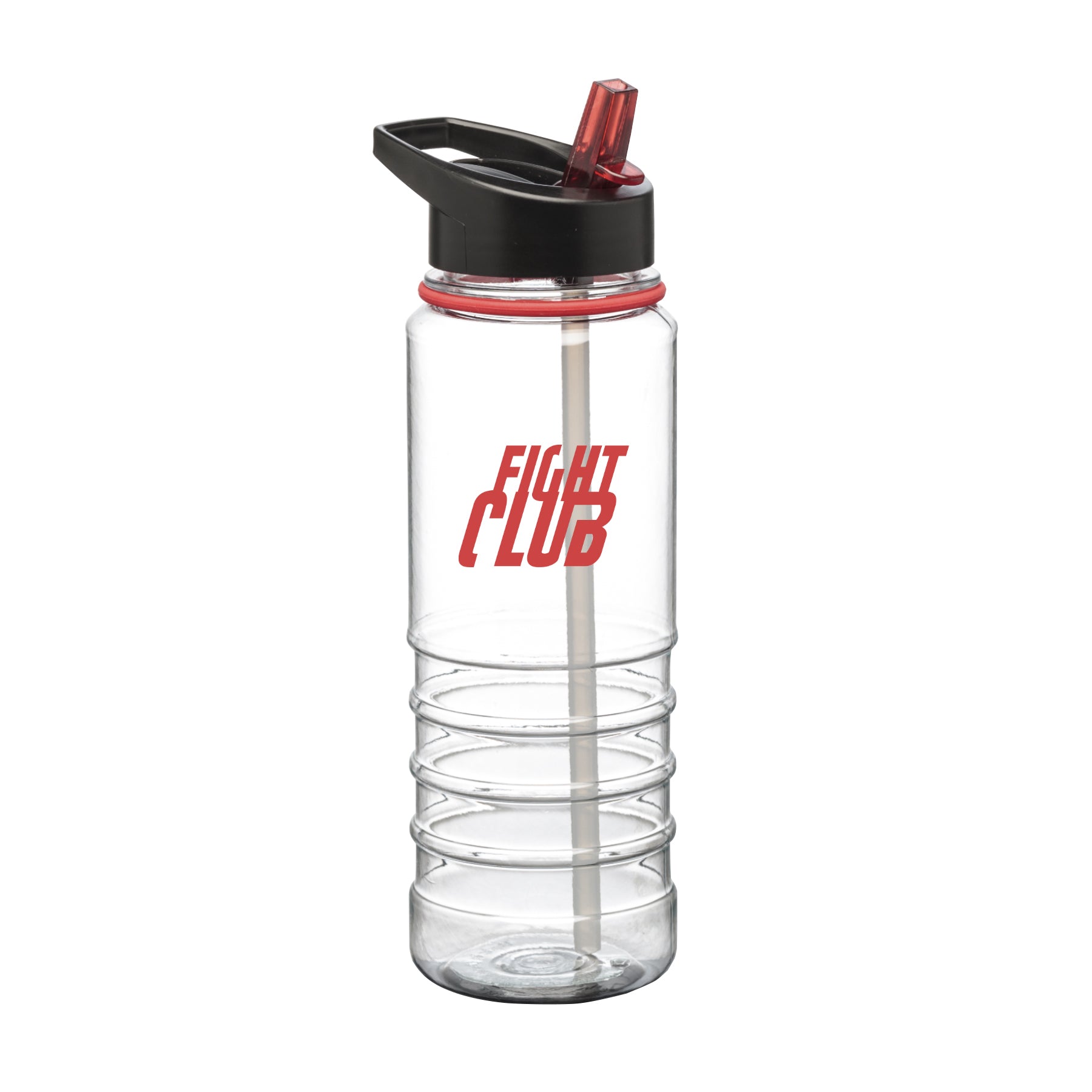 Champion Sports 25oz clear Tritan water bottle with black lid, red straw, and printed Fight Club logo in red