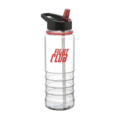 Champion Sports 25oz clear Tritan water bottle with black lid, red straw, and printed Fight Club logo in red
