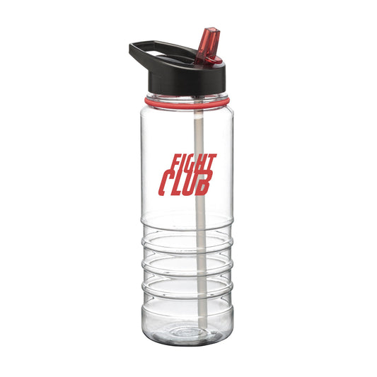 Champion Sports 25oz clear Tritan water bottle with black lid, red straw, and printed Fight Club logo in red