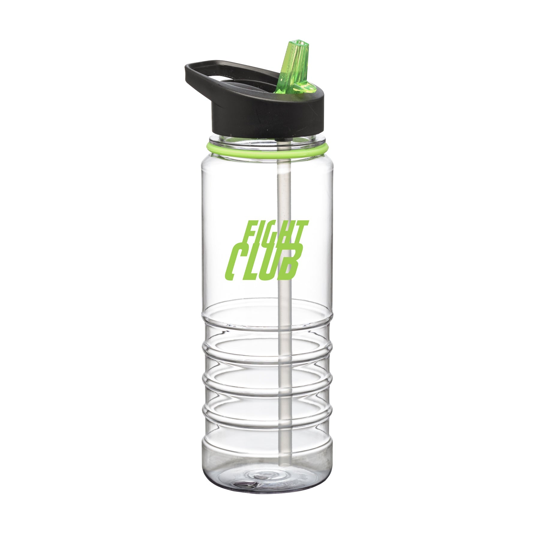 Champion Sports 25oz clear Tritan water bottle with black lid, green straw and accents, and printed Fight Club logo in green