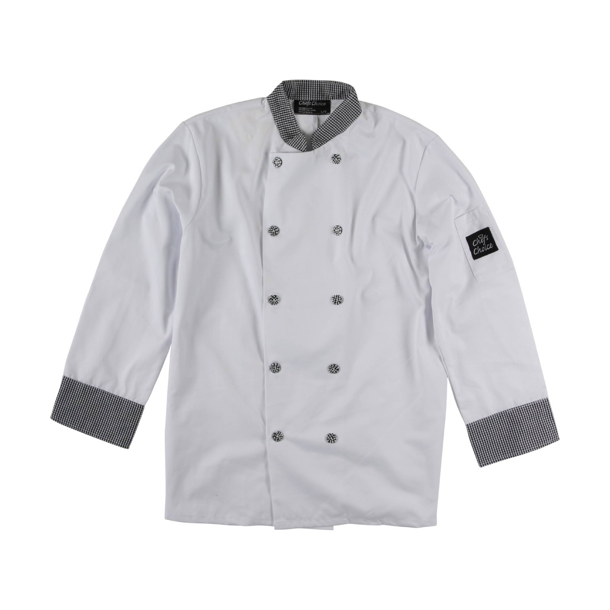 White chef coat with checkered contrast trim on collar and cuffs, featuring embroidered sleeve logo