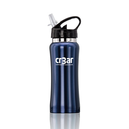 16oz blue stainless steel clear spout sport water bottle with black lid and printed cr3ar Corporativo Audiovisual logo in white