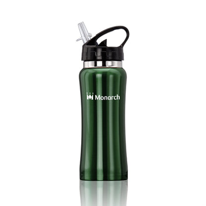 16oz green stainless steel clear spout sport water bottle with black lid and printed Monarch logo in white