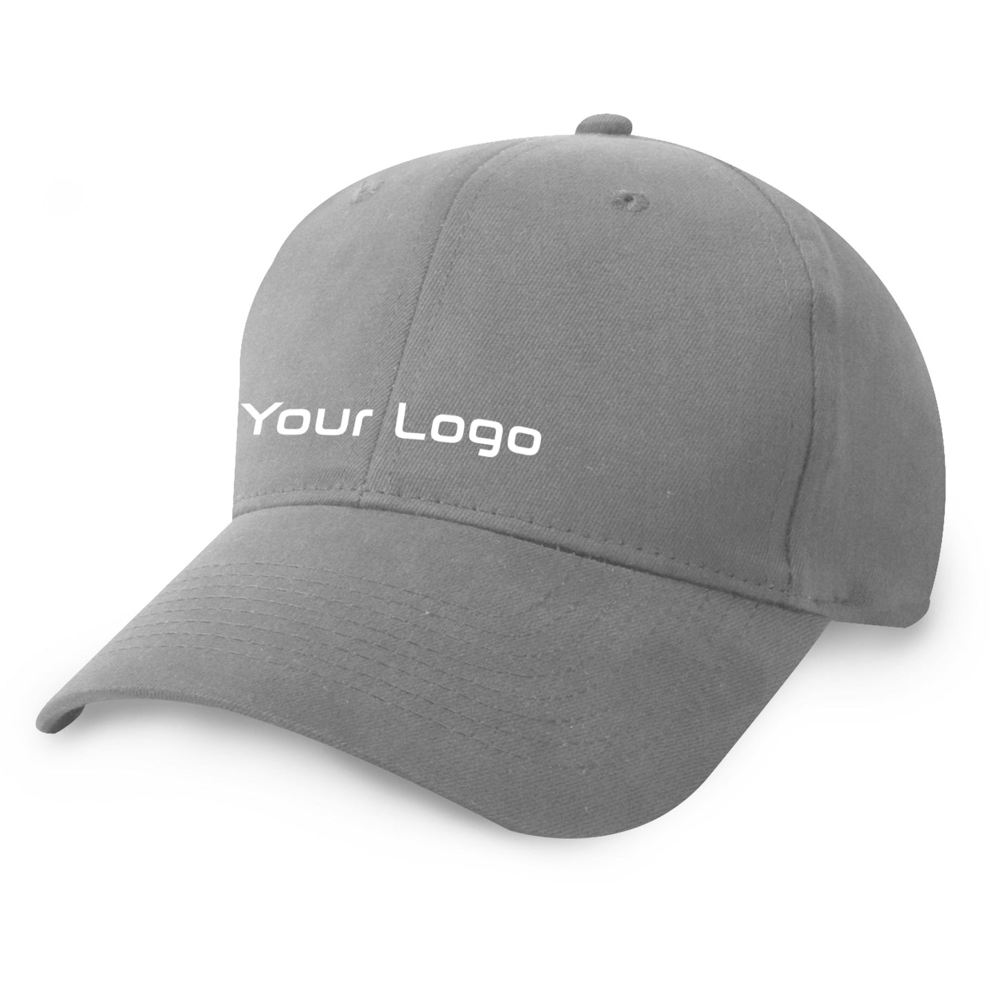 Grey constructed heavy weight cotton cap with curved brim and custom logo printed on the front panel.