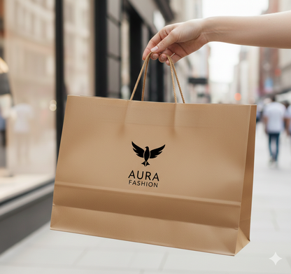 Brown paper bag with logo held by a hand on a blurred city street background