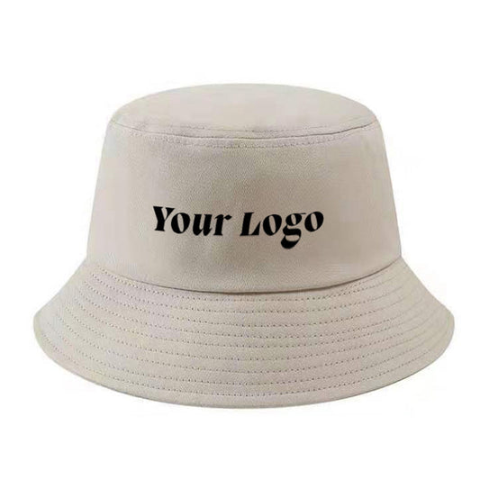 Beige custom bucket hat with "Your Logo" printed in black on the front.