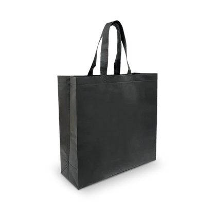 Black heavy-duty non-woven shopping bag with custom printed logo and tagline, durable handles and reinforced sides
