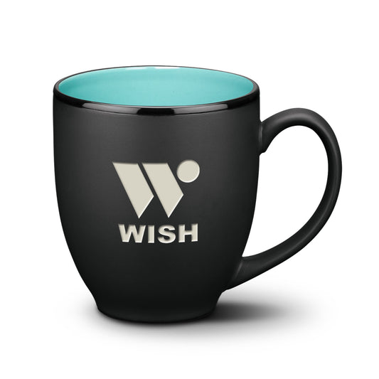 16oz Dereham ceramic mug with satin black glaze, turquoise interior, and custom Wish logo for promotional use