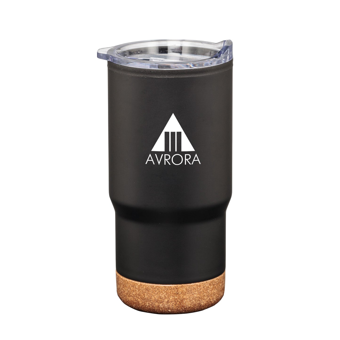 Donana 20oz black tumbler with cork base and clear lid, featuring white Avrora logo