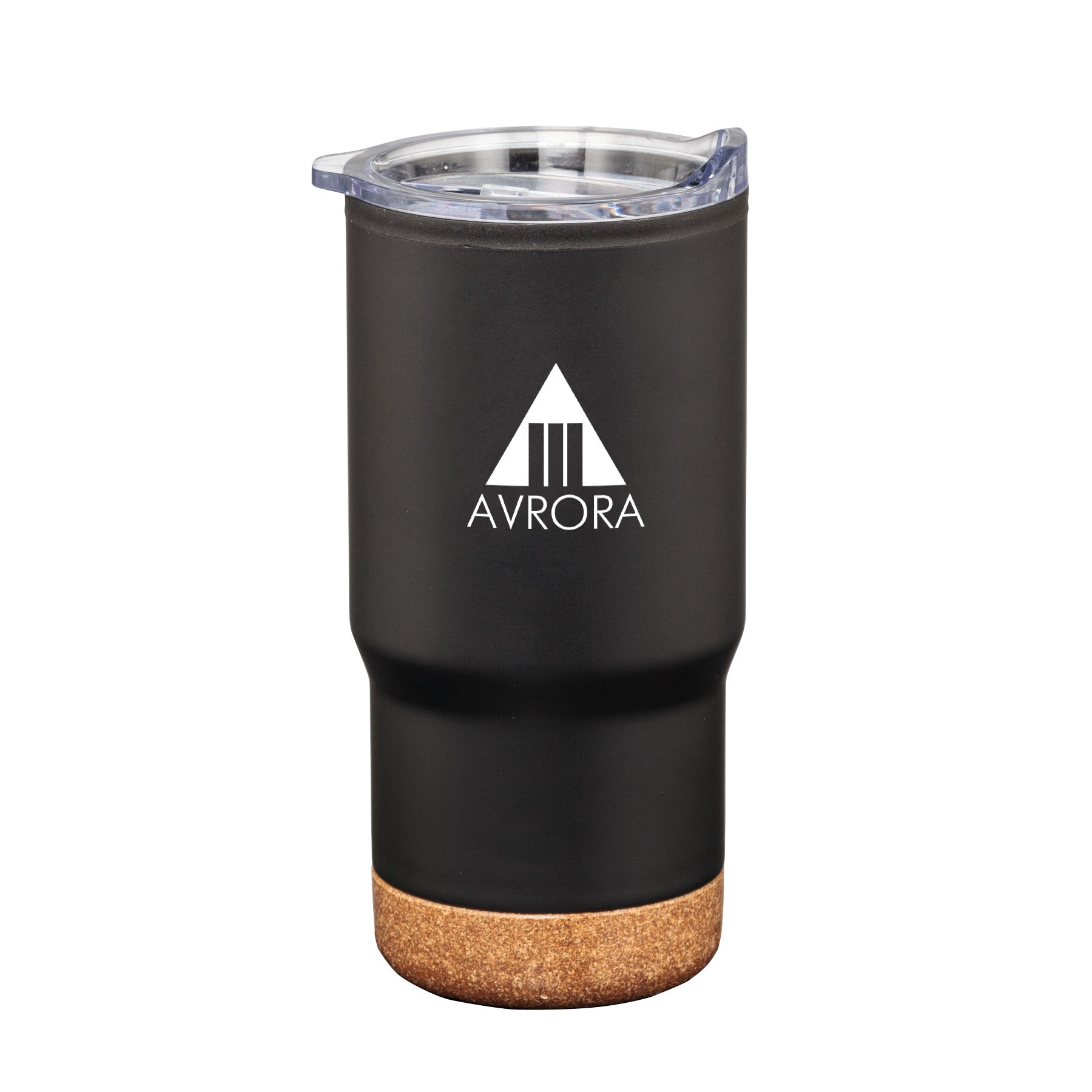 Donana 20oz black tumbler with cork base and clear lid, featuring white Avrora logo