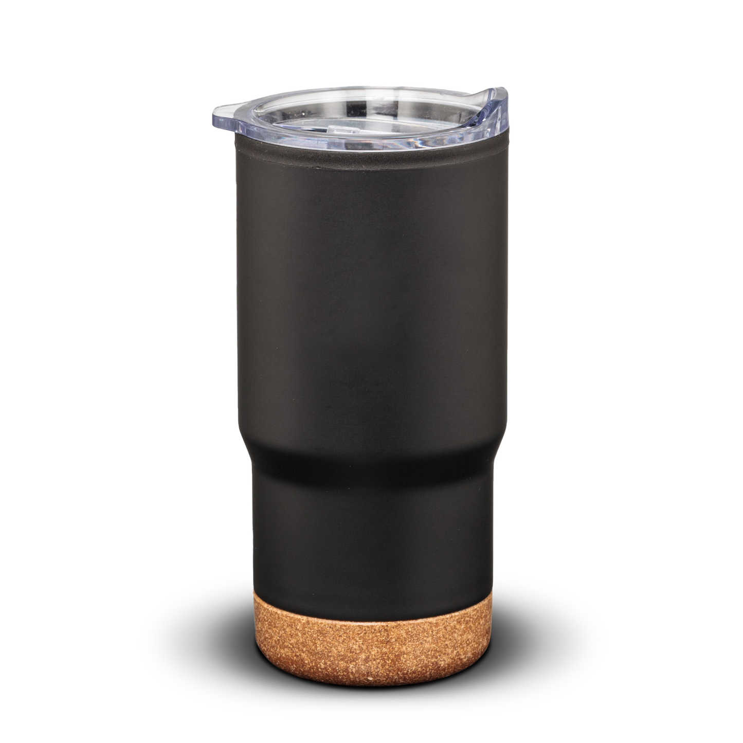 Donana 20oz black tumbler with cork base and clear lid, blank without logo
