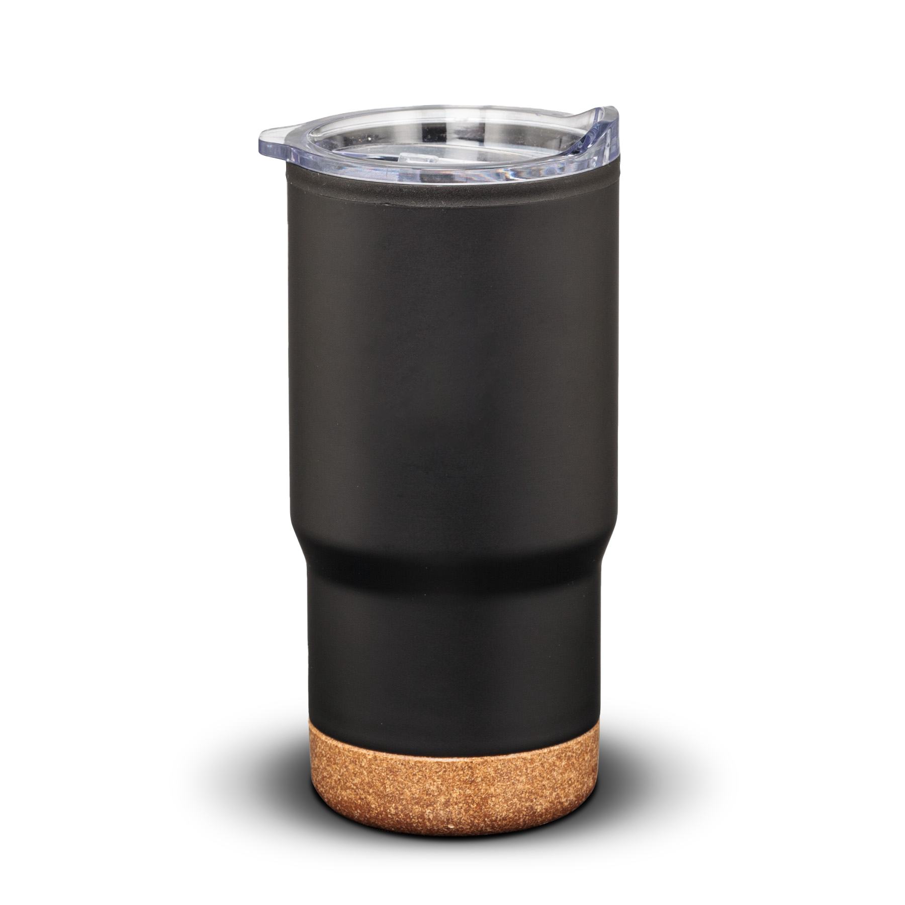 Donana 20oz black tumbler with cork base and clear lid, blank without logo
