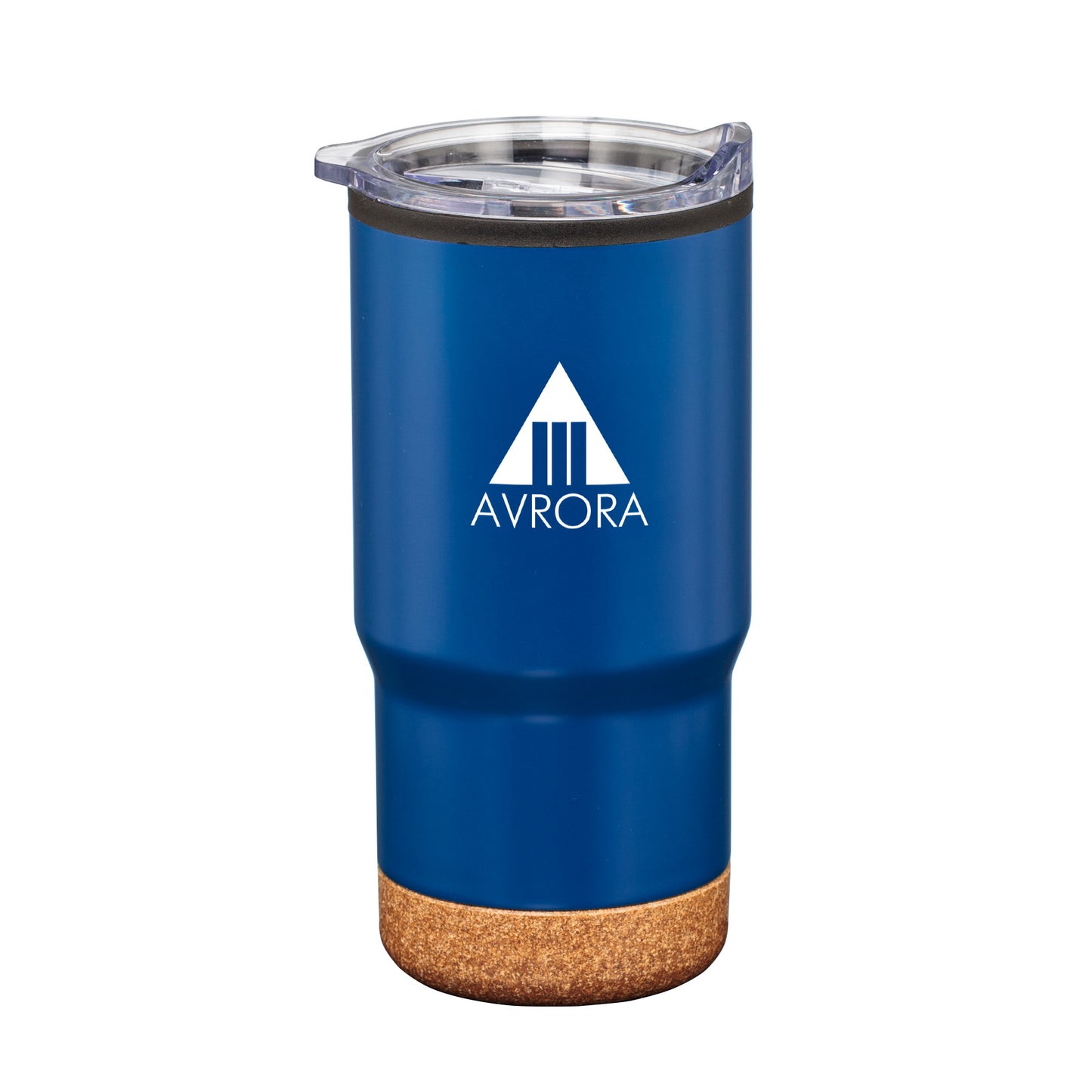 Donana 20oz blue tumbler with cork base and clear lid, featuring white Avrora logo