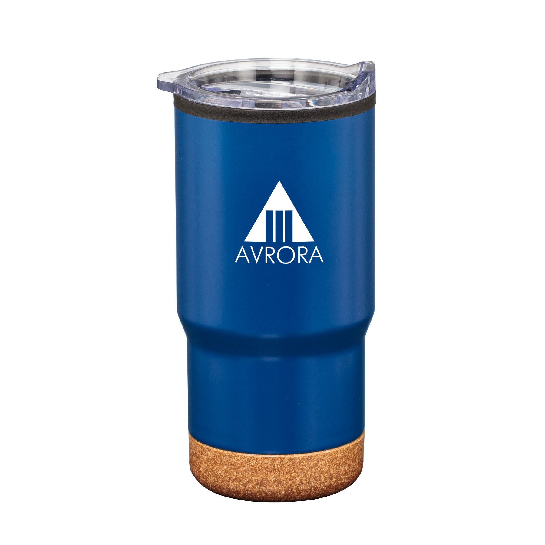 Donana 20oz blue tumbler with cork base and clear lid, featuring white Avrora logo