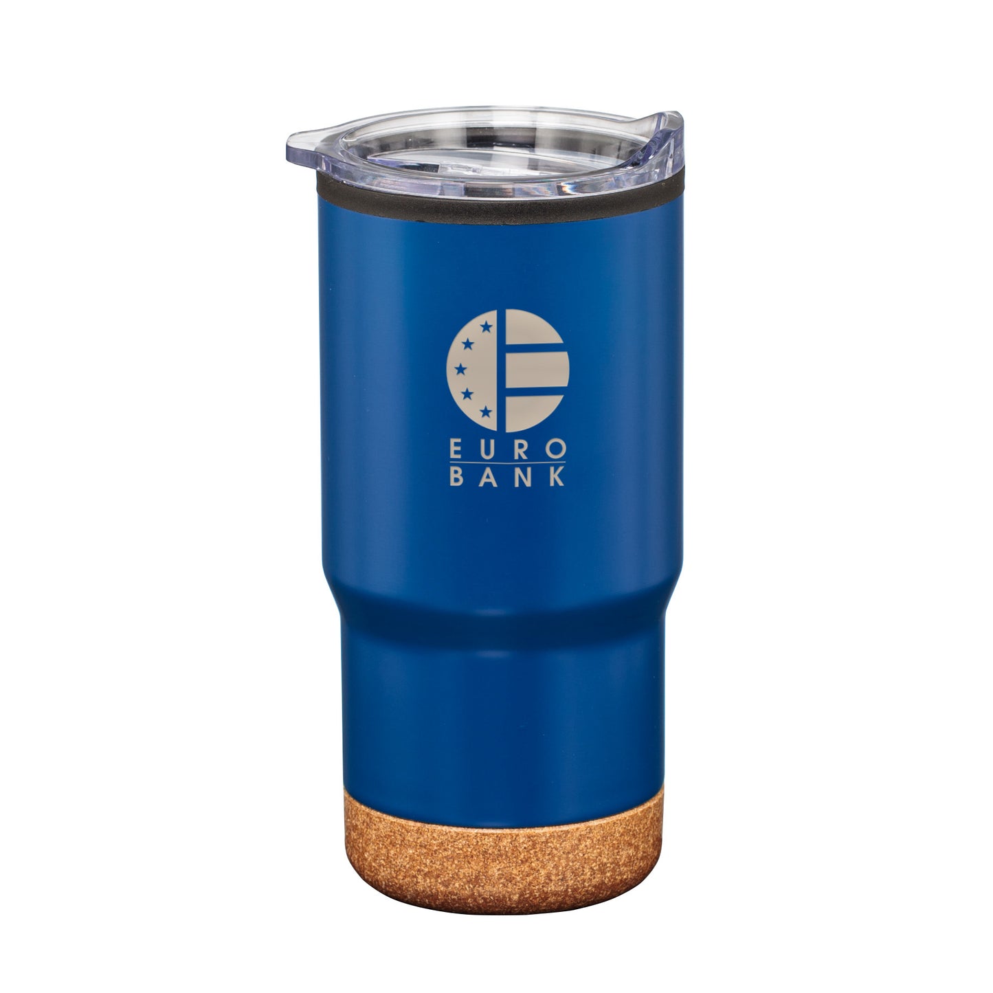 Donana 20oz blue tumbler with cork base and clear lid, featuring Euro Bank logo in silver