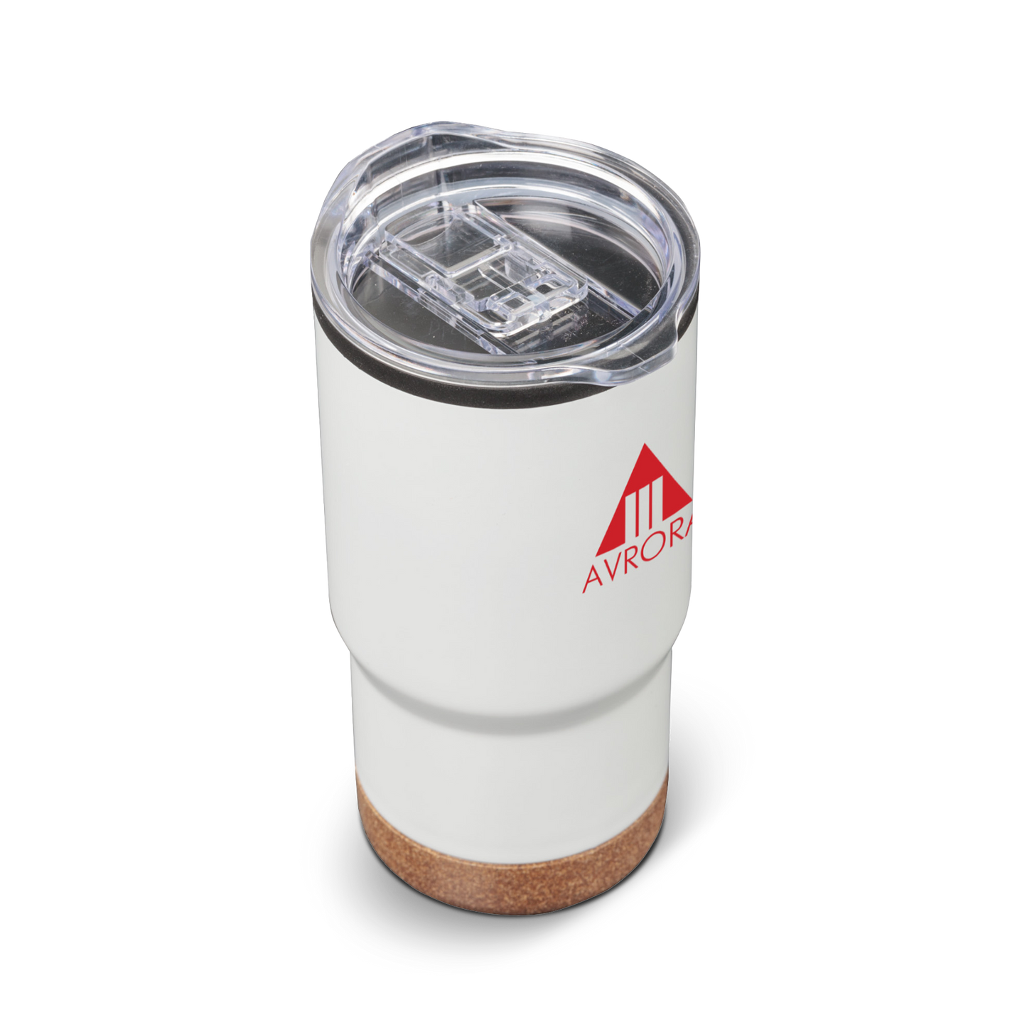 Donana 20oz white tumbler with cork base, clear lid, and red Avrora logo
