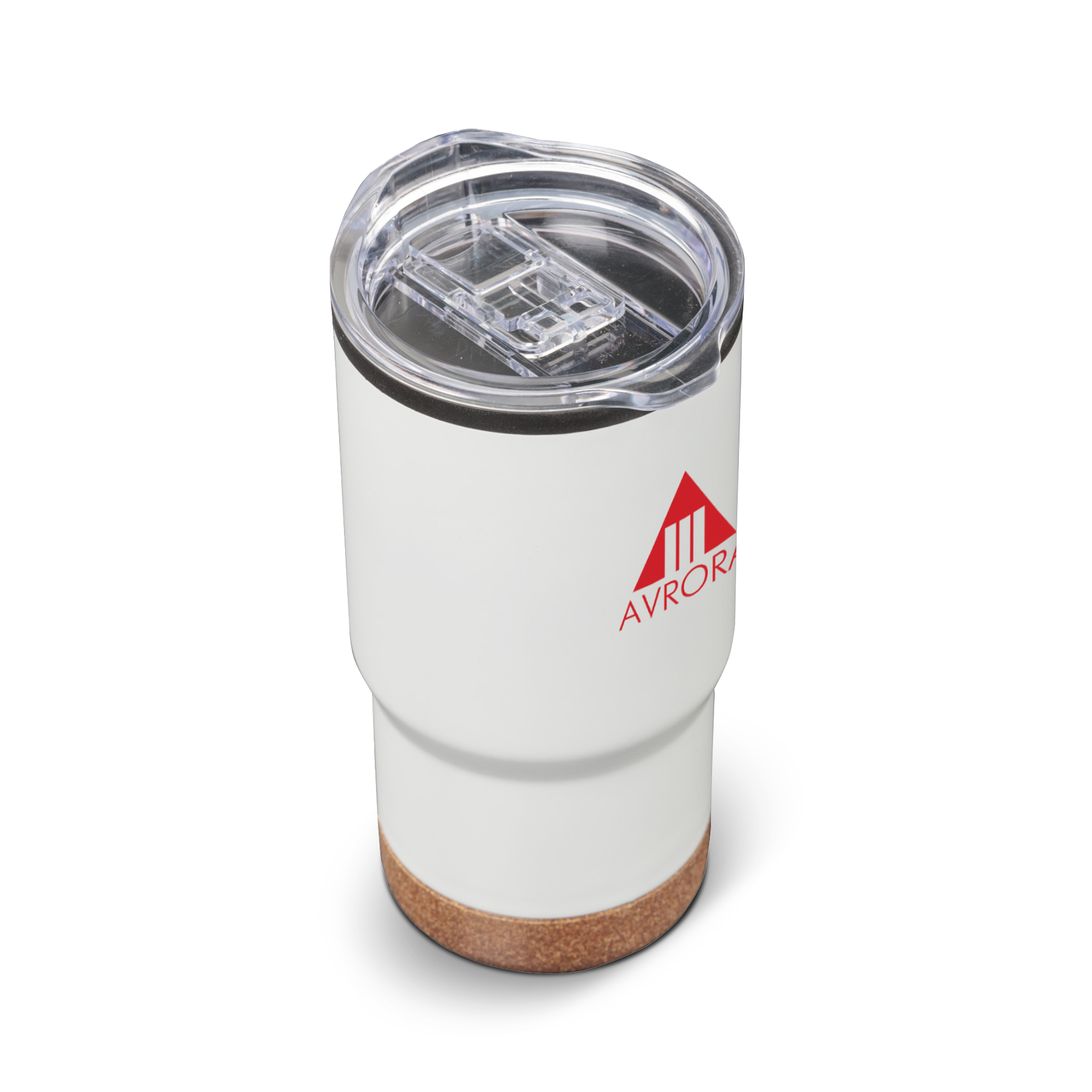Donana 20oz white tumbler with cork base, clear lid, and red Avrora logo