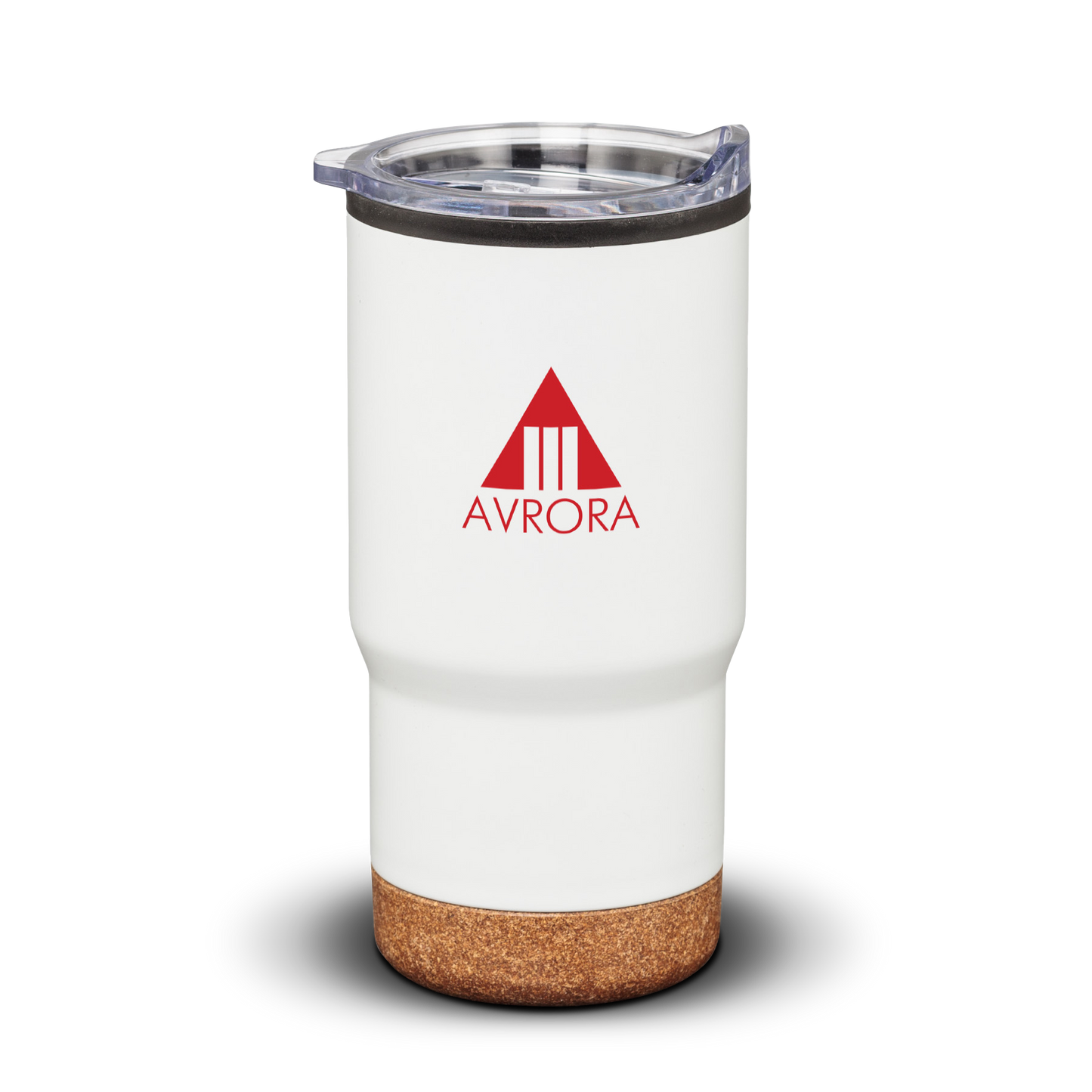 Donana 20oz white tumbler with cork base and clear lid, featuring Avrora logo in red