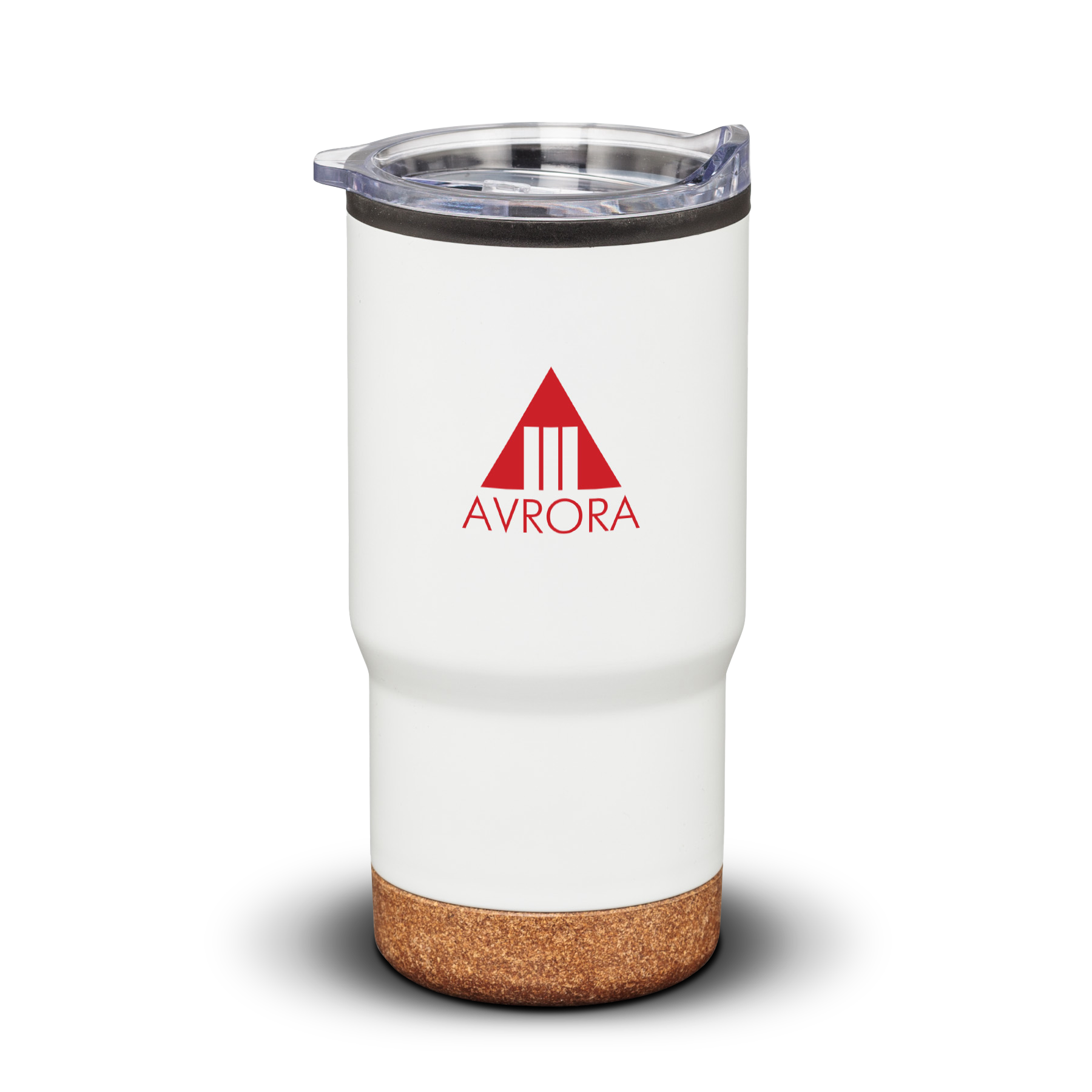Donana 20oz white tumbler with cork base and clear lid, featuring Avrora logo in red