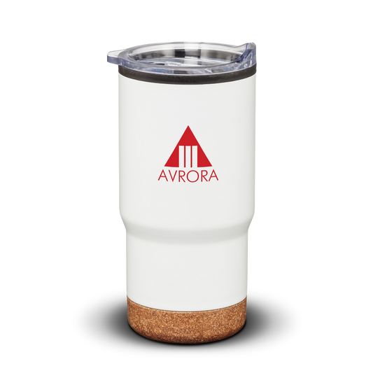 Donana 20oz white tumbler with cork base and clear lid, featuring Avrora logo in red
