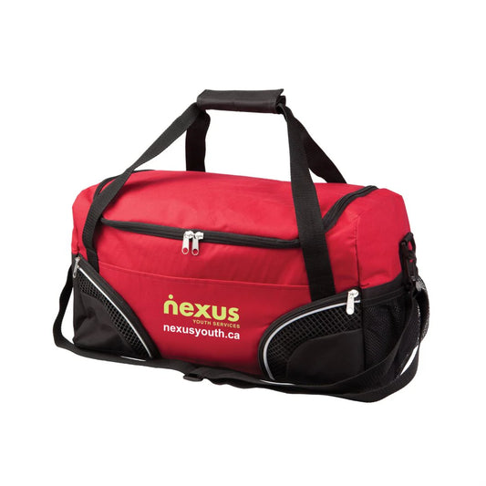 Everywhere duffel bag 19"W x 11"H x 8.5"D in red with black accents, two zippered corner pockets, front zipper pocket, mesh panels, and custom Nexus Youth Services logo