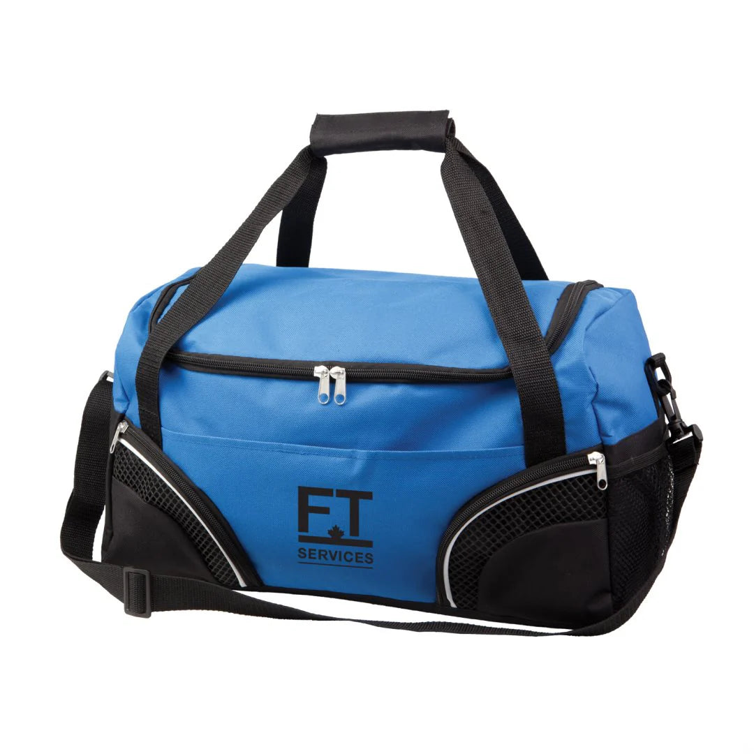 Everywhere duffel bag 19"W x 11"H x 8.5"D in blue with black accents, featuring two zippered corner pockets, mesh panels, and custom FT Services logo