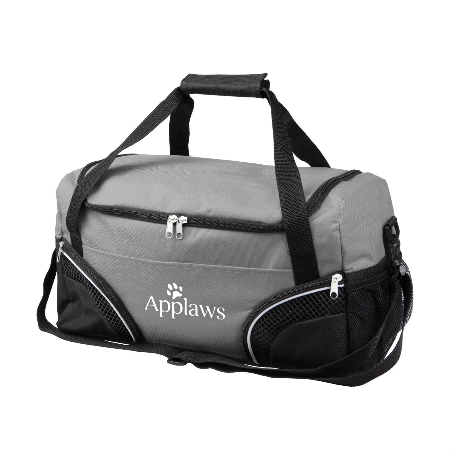 Everywhere duffel bag 19"W x 11"H x 8.5"D in grey with black accents, two zippered corner pockets, mesh panels, and custom Applaws logo