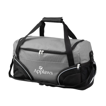 Everywhere duffel bag 19"W x 11"H x 8.5"D in grey with black accents, two zippered corner pockets, mesh panels, and custom Applaws logo