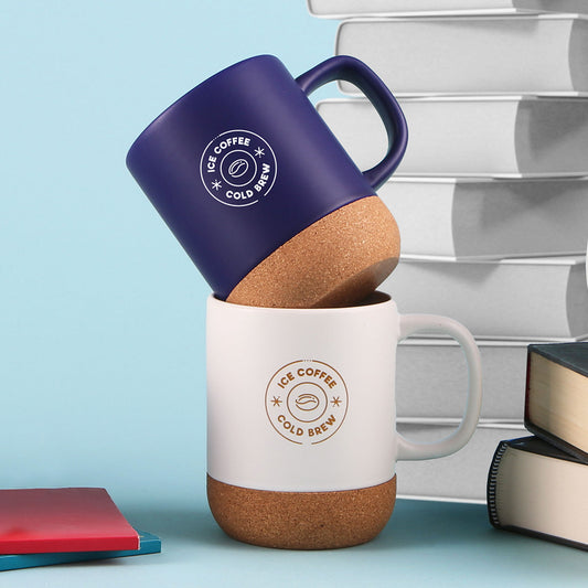 Evora 325ml ceramic mugs with cork base, featuring blue and white color options and iced coffee Cold Brew logo, ideal for eco-friendly drinkware and promotional gifts